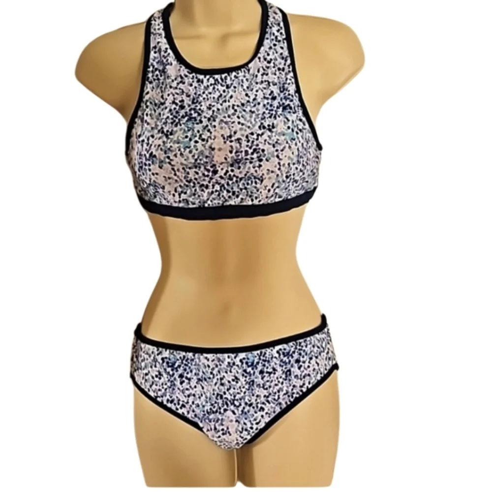 Eddie Bauer Girls L 2-piece Reversible Swimsuit Navy Blue Polka-dot and Purple